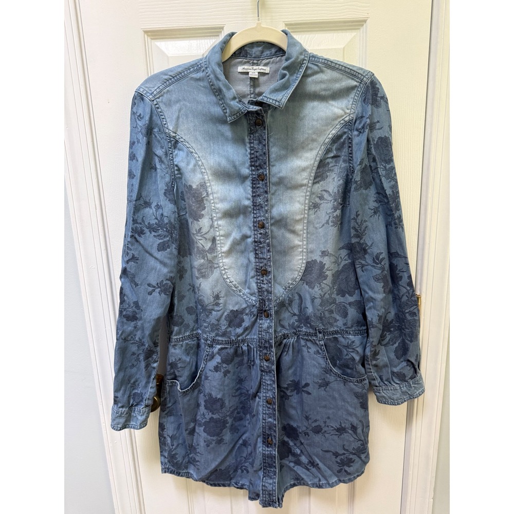 American Eagle Floral Chambray Shirt Dress Womens M Boho Western Cottagecore